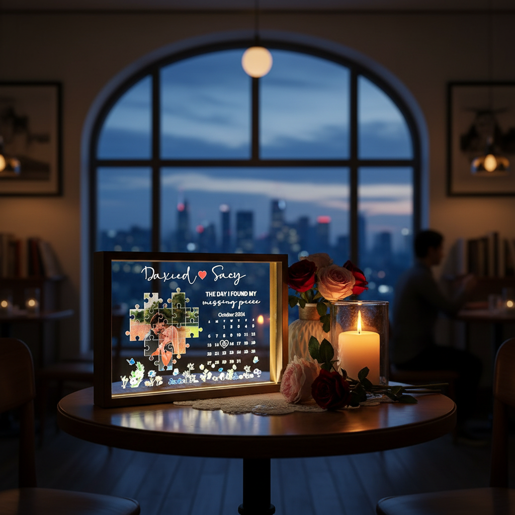 Custom The Day I Found My Missing Piece Light Frame, Personalized Couple Photo Puzzele Frame Light Box Gift